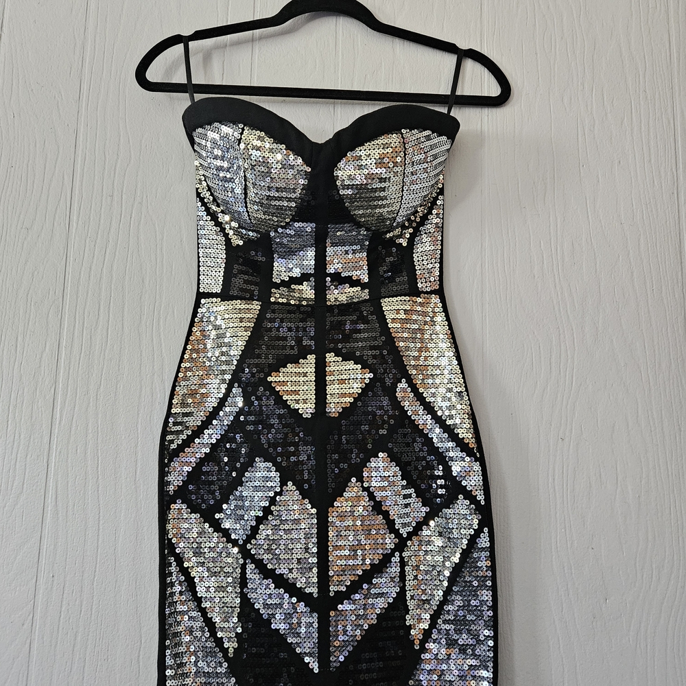 Charlotte Russe Black Strapless Sequin Bodycon Dress with Silver Accents